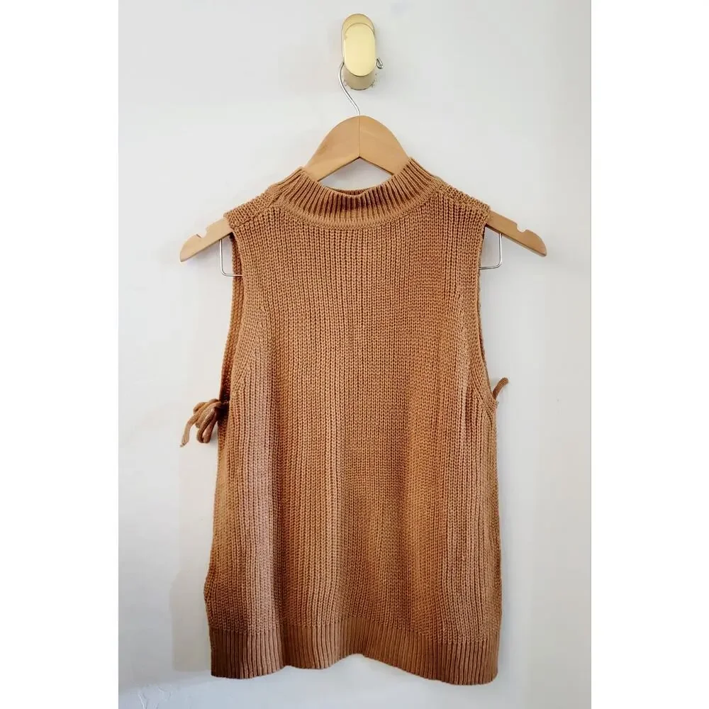 Y2K Camel Brown Mock Neck Knit Sweater Vest Tank Top - Picture 7 of 8